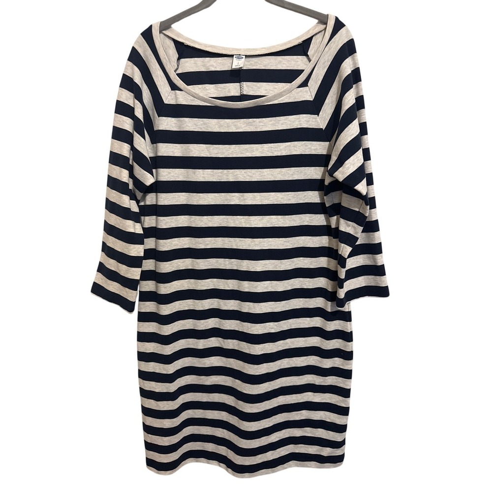Old Navy Knit Jersey Dress Knee Length Navy Striped Stretch Nautical Coastal L